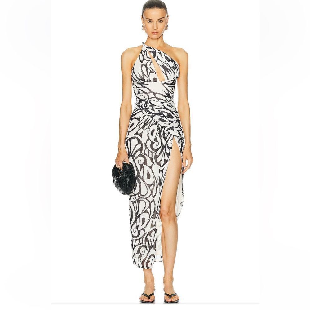 Nicholas Drue Draped Asymmetrical Midi Dress Black White Print Braid Revolve 12